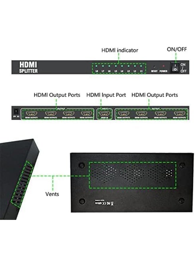 اتش دي ام اي موزع إشارة HDMI 1.4 (1×8)، مدخل واحد إلى 8 مخارج، يدعم دقة 4K@2K، ودقة Full HD 1080P، وتقنية 3D، نطاق ترددي عالي 10.2 جيجابت في الثانية، توزيع إشارة متزامن للتلفزيون والشاشة وجهاز العرض، لون أسود - Image 4